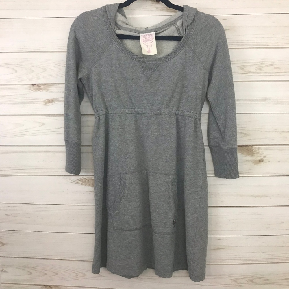 Pink Victoria Secret’s Grey Distressed Hoodie ¾ Sleeve Sweater Dress, Size M